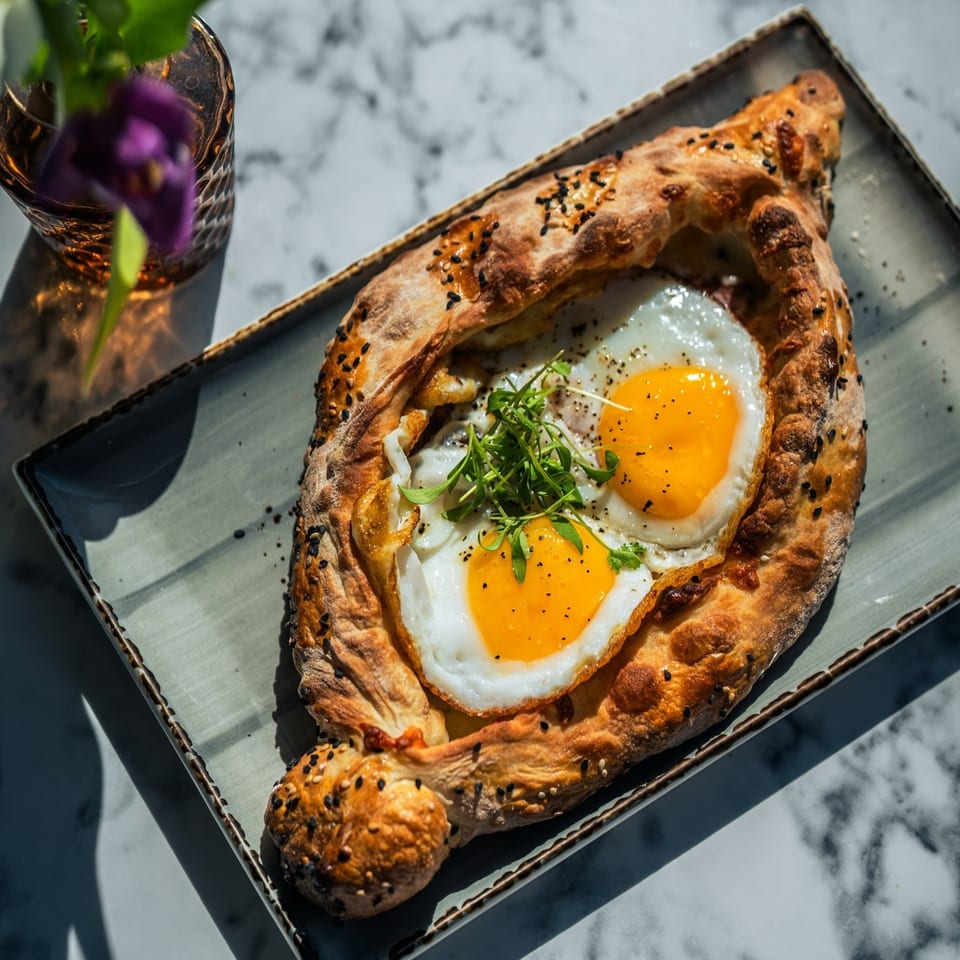 Olia Restaurant's Mediterranean khachapuri with two fried eggs, fresh greens, and black sesame seeds.