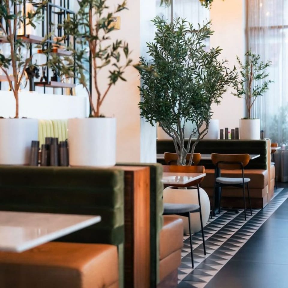 Olia Restaurant interior with olive trees, green and brown booths, and a black and white patterned floor.