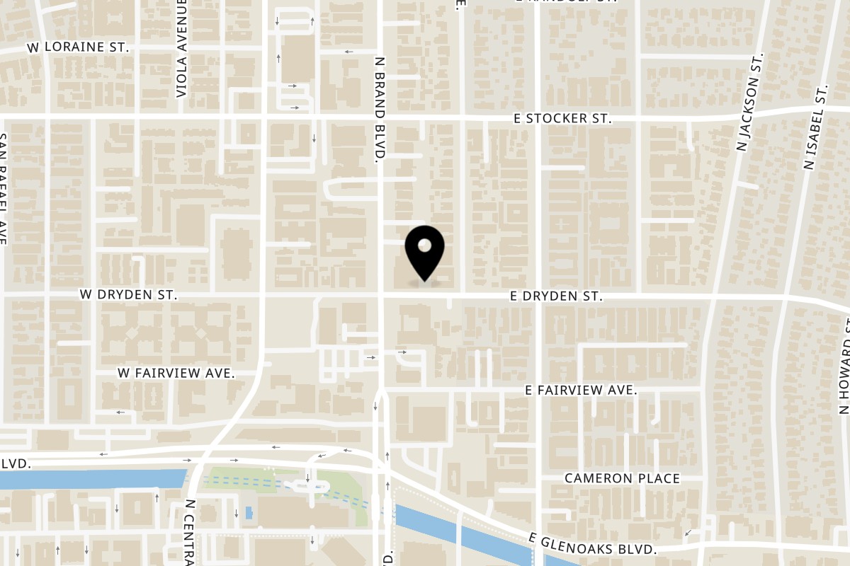 Map showing the location of Olia Restaurant on 1100 N Brand Blvd in Glendale